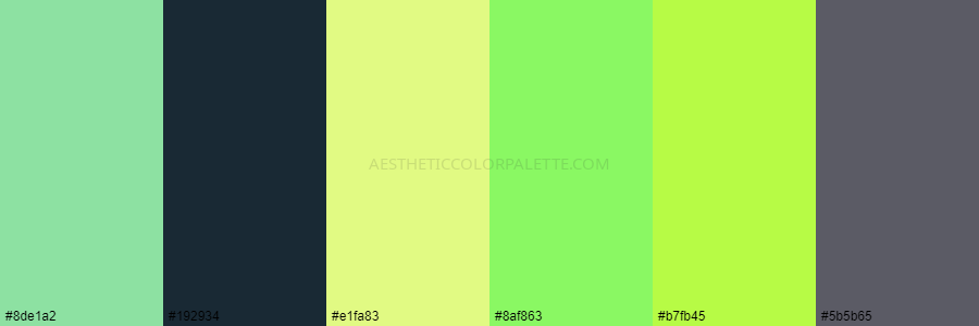 color palette 8de1a2 192934 e1fa83 8af863 b7fb45 5b5b65