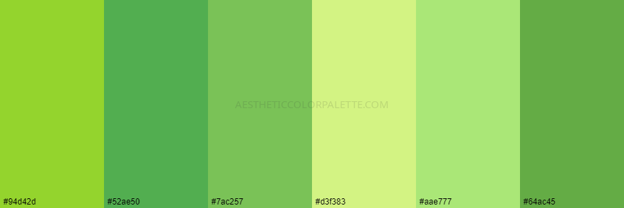 color palette #94d42d #52ae50 #7ac257 #d3f383 #aae777 #64ac45