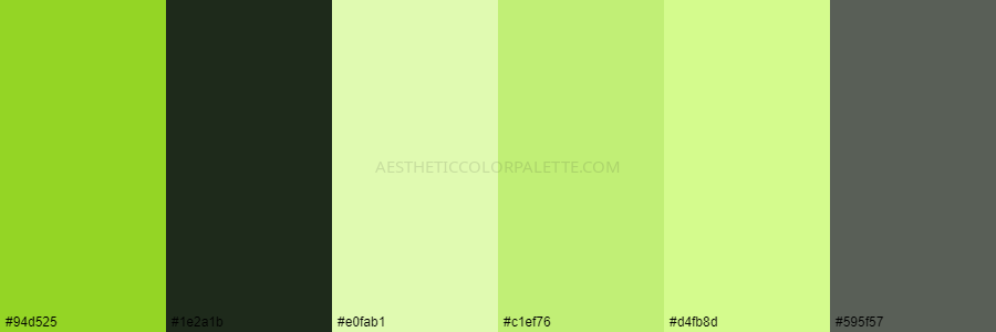 color palette #94d525 #1e2a1b #e0fab1 #c1ef76 #d4fb8d #595f57