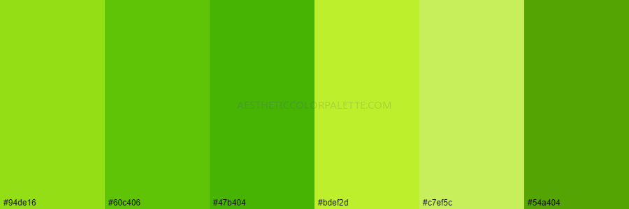 color palette #94de16 #60c406 #47b404 #bdef2d #c7ef5c #54a404