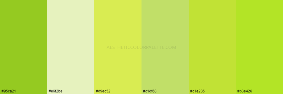 color palette #95ca21 #e6f2be #d9ec52 #c1df68 #c1e235 #b3e426