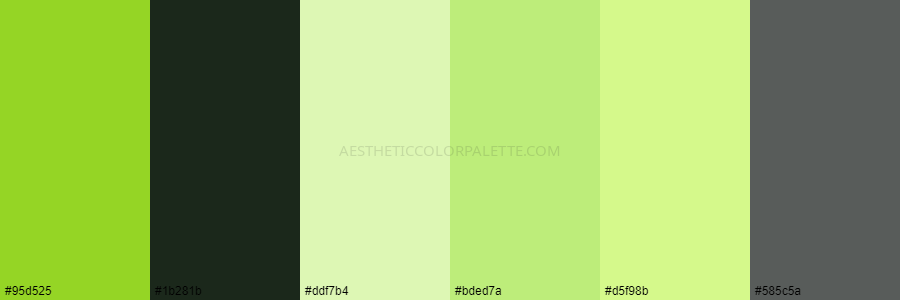 color palette #95d525 #1b281b #ddf7b4 #bded7a #d5f98b #585c5a