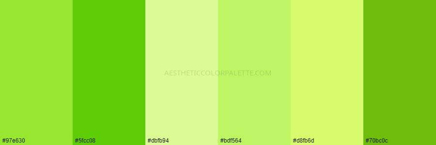color palette #97e630 #5fcc08 #dbfb94 #bdf564 #d8fb6d #70bc0c