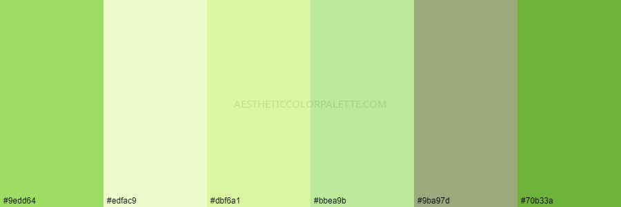 color palette 9edd64 edfac9 dbf6a1 bbea9b 9ba97d 70b33a