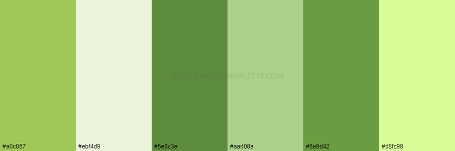 color palette #a0c857 #ebf4d9 #5e8c3e #aad08a #6a9d42 #d8fc98