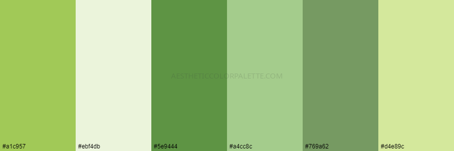 color palette #a1c957 #ebf4db #5e9444 #a4cc8c #769a62 #d4e89c