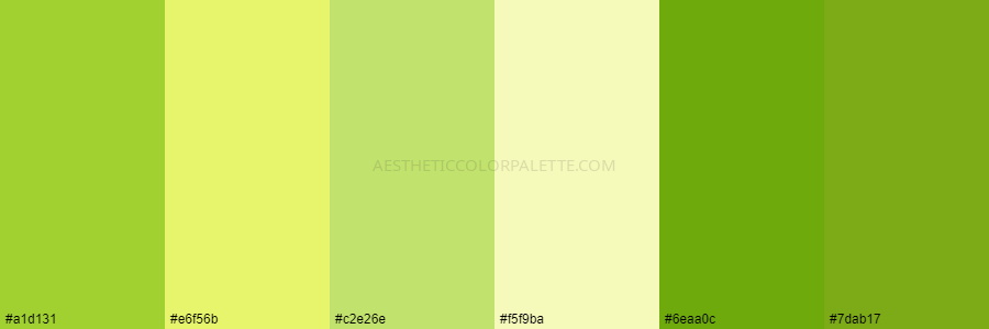 color palette #a1d131 #e6f56b #c2e26e #f5f9ba #6eaa0c #7dab17