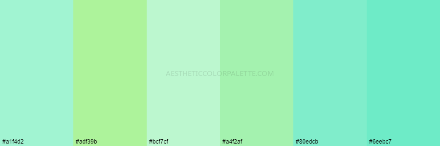 color palette #a1f4d2 #adf39b #bcf7cf #a4f2af #80edcb #6eebc7