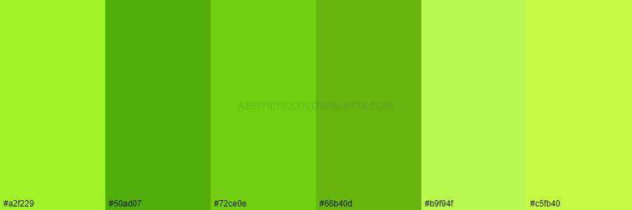 color palette #a2f229 #50ad07 #72ce0e #66b40d #b9f94f #c5fb40