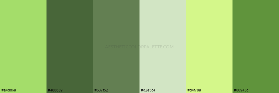 color palette #a4dd6a #486639 #637f52 #d2e5c4 #d4f78a #60943c