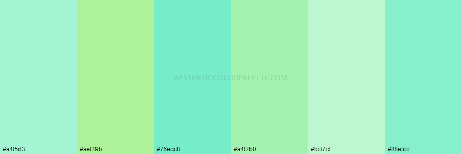 color palette #a4f5d3 #aef39b #76ecc8 #a4f2b0 #bcf7cf #88efcc