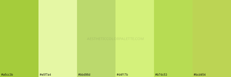 color palette #a5cc3b #e5f7a4 #bbd96d #d4f17b #b7dc53 #bcd454