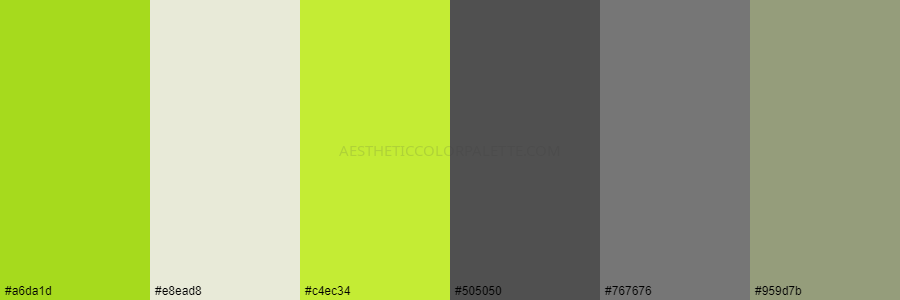 color palette #a6da1d #e8ead8 #c4ec34 #505050 #767676 #959d7b