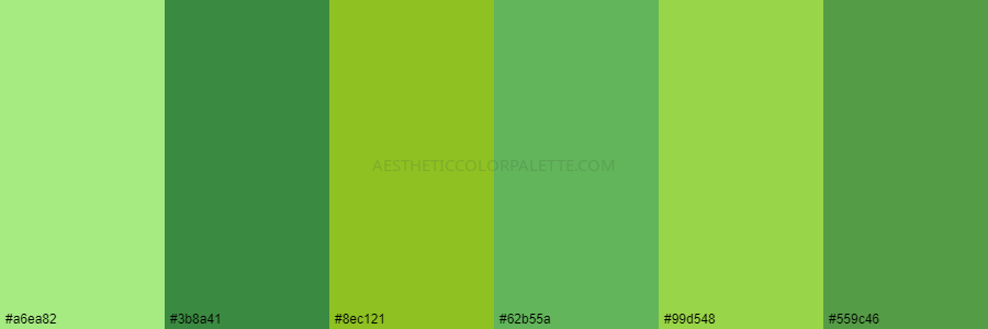 color palette a6ea82 3b8a41 8ec121 62b55a 99d548 559c46