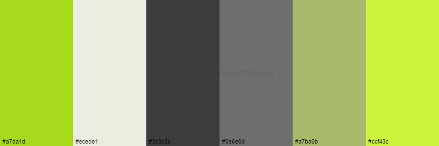 color palette #a7da1d #ecede1 #3c3c3c #6e6e6d #a7ba6b #ccf43c