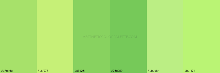 color palette #a7e16a #c6f077 #88d25f #76c959 #bbee84 #baf474