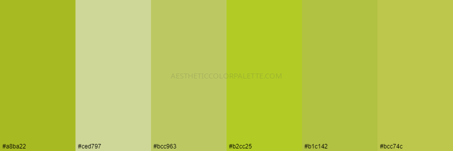 color palette #a8ba22 #ced797 #bcc963 #b2cc25 #b1c142 #bcc74c