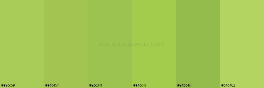color palette #a9cc59 #a4c451 #9cc34f #a4cc4c #94bc4c #b4d462