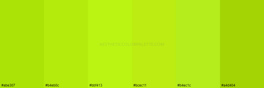 color palette #abe307 #b4eb0c #bbf413 #bcec11 #b4ec1c #a4d404