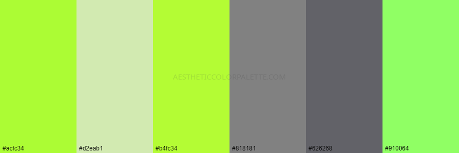 color palette #acfc34 #d2eab1 #b4fc34 #818181 #626268 #910064