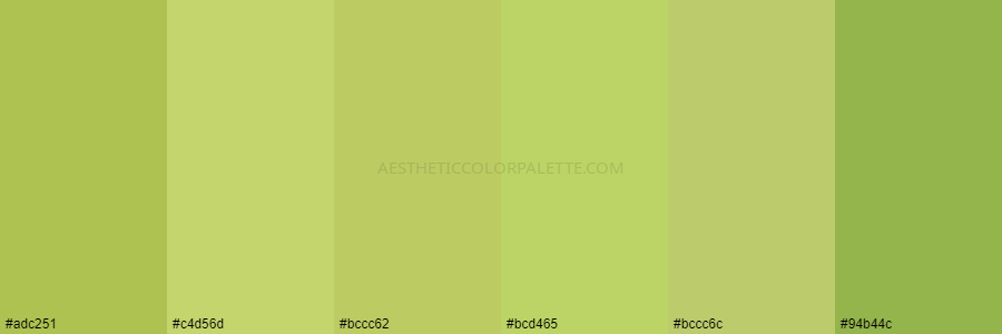 color palette #adc251 #c4d56d #bccc62 #bcd465 #bccc6c #94b44c