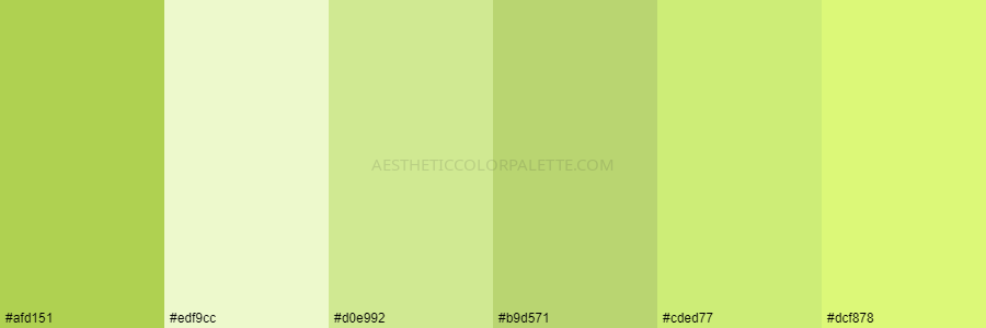 color palette #afd151 #edf9cc #d0e992 #b9d571 #cded77 #dcf878