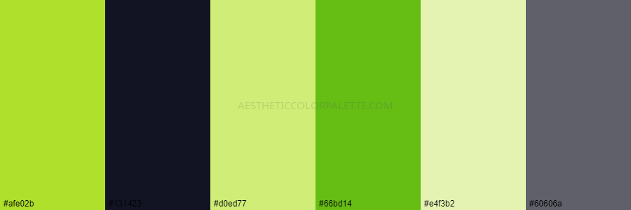 color palette afe02b 131423 d0ed77 66bd14 e4f3b2 60606a