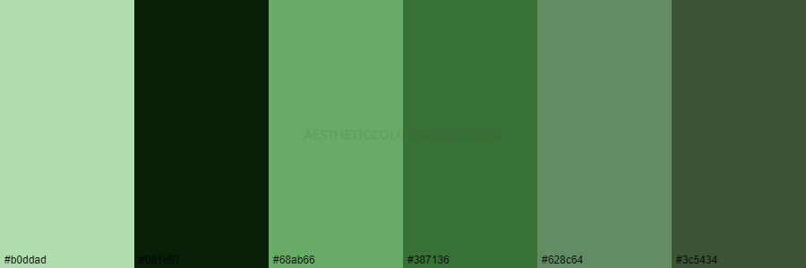 color palette b0ddad 081e07 68ab66 387136 628c64 3c5434
