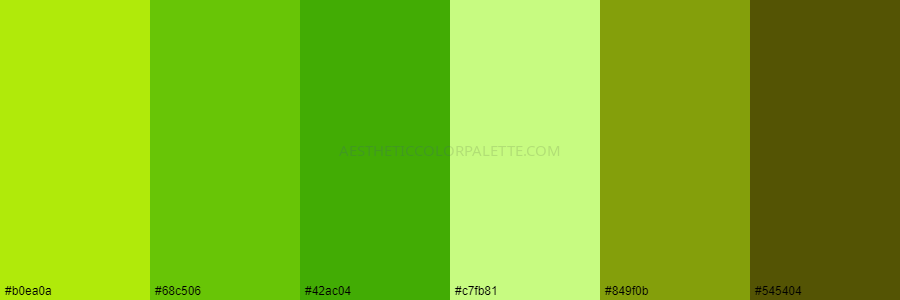 color palette #b0ea0a #68c506 #42ac04 #c7fb81 #849f0b #545404