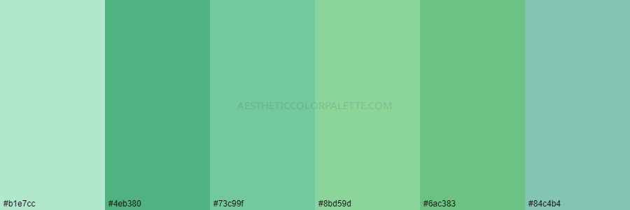 color palette b1e7cc 4eb380 73c99f 8bd59d 6ac383 84c4b4