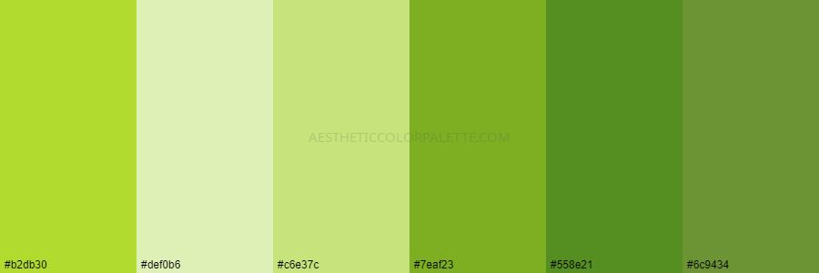 color palette #b2db30 #def0b6 #c6e37c #7eaf23 #558e21 #6c9434