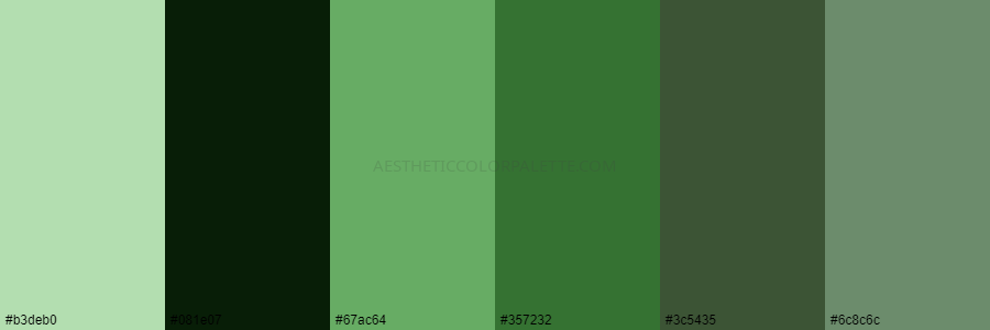 color palette b3deb0 081e07 67ac64 357232 3c5435 6c8c6c
