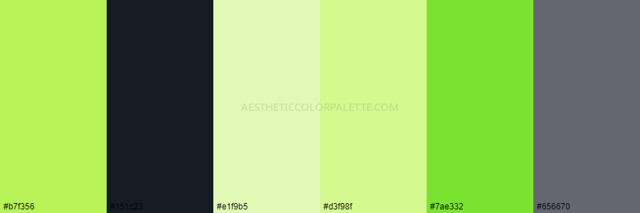 color palette #b7f356 #151c23 #e1f9b5 #d3f98f #7ae332 #656670
