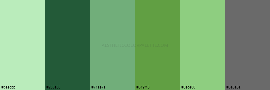 color palette baecbb 235a38 71ae7a 619f43 8ece80 6a6a6a