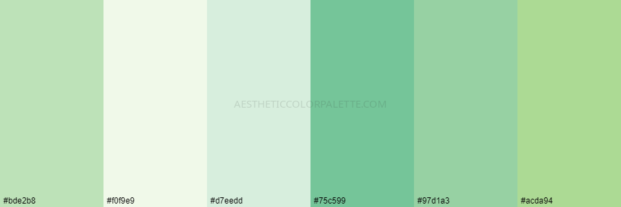 color palette #bde2b8 #f0f9e9 #d7eedd #75c599 #97d1a3 #acda94
