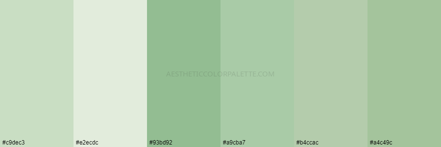 color palette c9dec3 e2ecdc 93bd92 a9cba7 b4ccac a4c49c