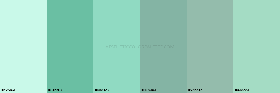 color palette c9f9e9 6abfa3 90dac2 84b4a4 94bcac a4dcc4