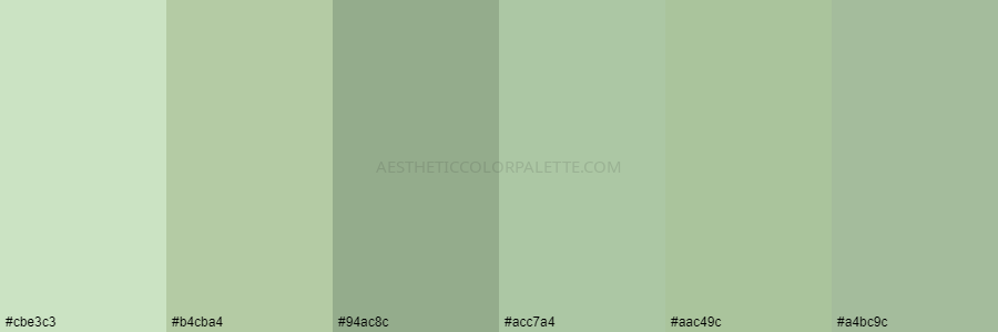 color palette cbe3c3 b4cba4 94ac8c acc7a4 aac49c a4bc9c