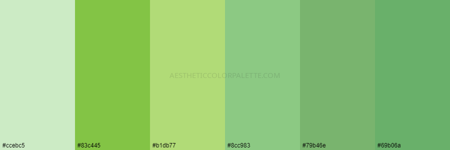 color palette ccebc5 83c445 b1db77 8cc983 79b46e 69b06a