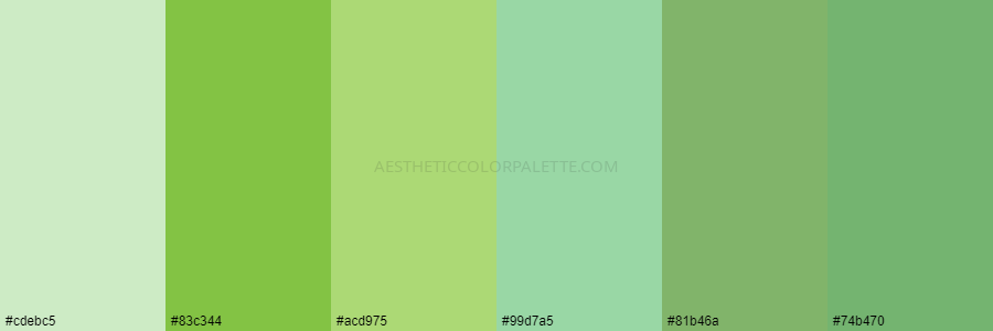 color palette cdebc5 83c344 acd975 99d7a5 81b46a 74b470