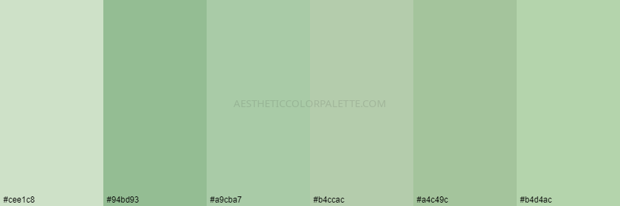 color palette cee1c8 94bd93 a9cba7 b4ccac a4c49c b4d4ac
