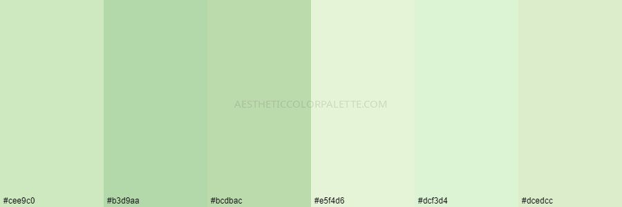 color palette cee9c0 b3d9aa bcdbac e5f4d6 dcf3d4 dcedcc