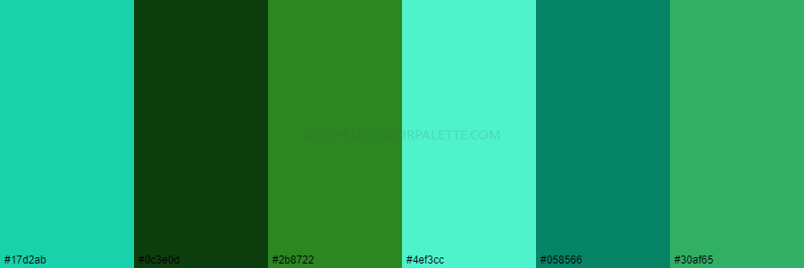 color palette #17d2ab #0c3e0d #2b8722 #4ef3cc #058566 #30af65