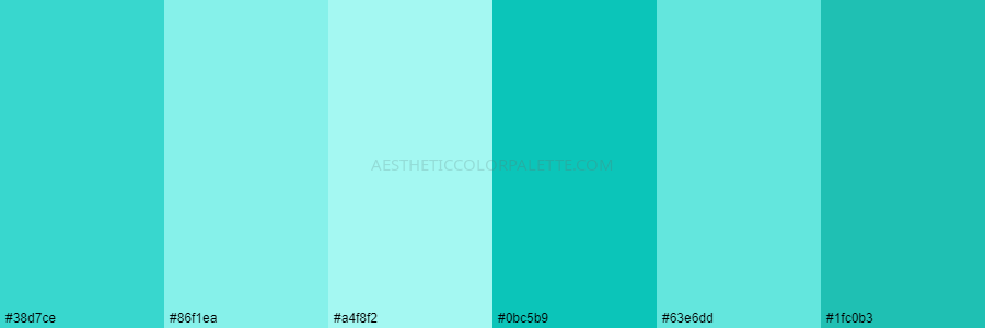 color palette #38d7ce #86f1ea #a4f8f2 #0bc5b9 #63e6dd #1fc0b3