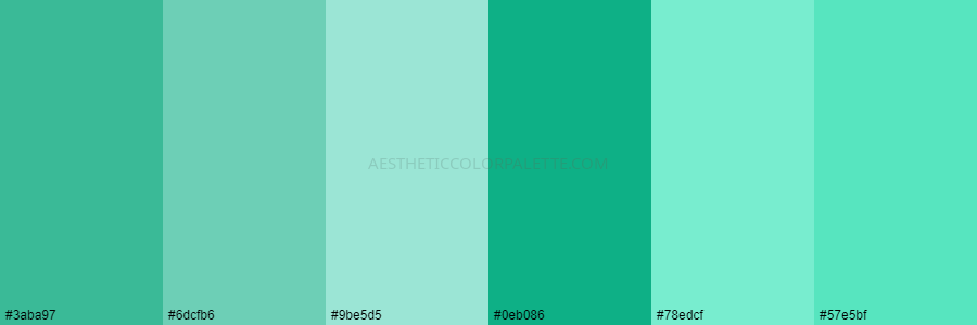 color palette #3aba97 #6dcfb6 #9be5d5 #0eb086 #78edcf #57e5bf