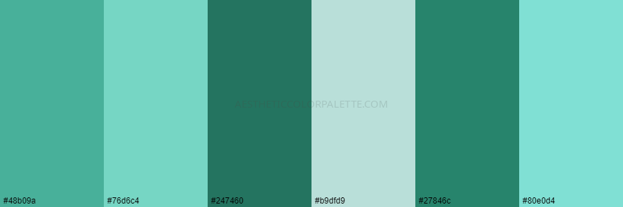 color palette #48b09a #76d6c4 #247460 #b9dfd9 #27846c #80e0d4
