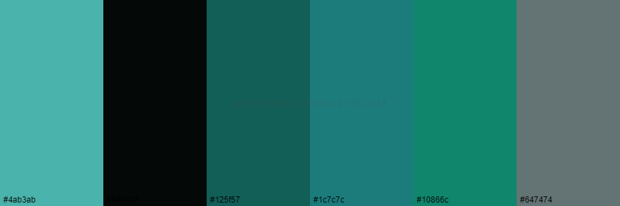 color palette #4ab3ab #040807 #125f57 #1c7c7c #10866c #647474