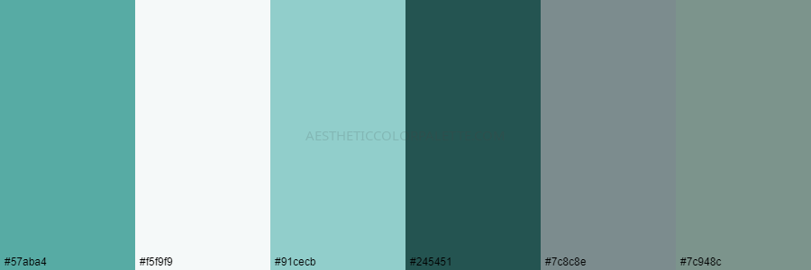 color palette #57aba4 #f5f9f9 #91cecb #245451 #7c8c8e #7c948c