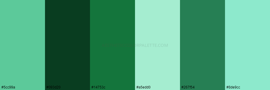 color palette #5cc99a #093d20 #14753c #a5edd0 #267f54 #8de9cc