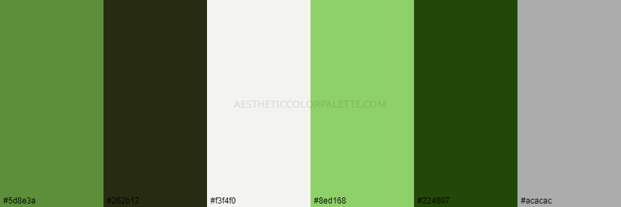 color palette #5d8e3a #262b12 #f3f4f0 #8ed168 #224807 #acacac